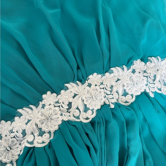 Chiffon Teal High Low Strapless Formal Dress with White Lace Belt - Picture 3 of 4